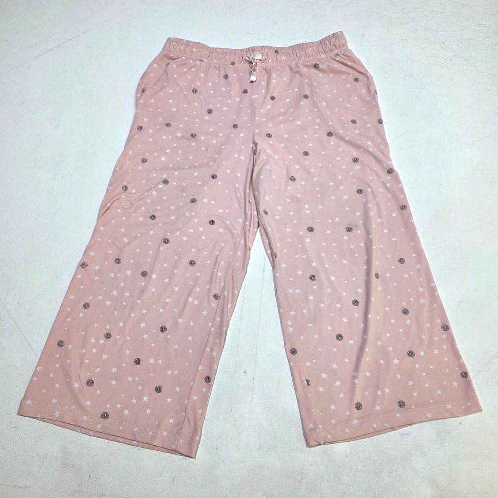 DKNY Pajama Pants Womens Medium Pink Star Logo Print Wide Leg Lounge Sleepwear